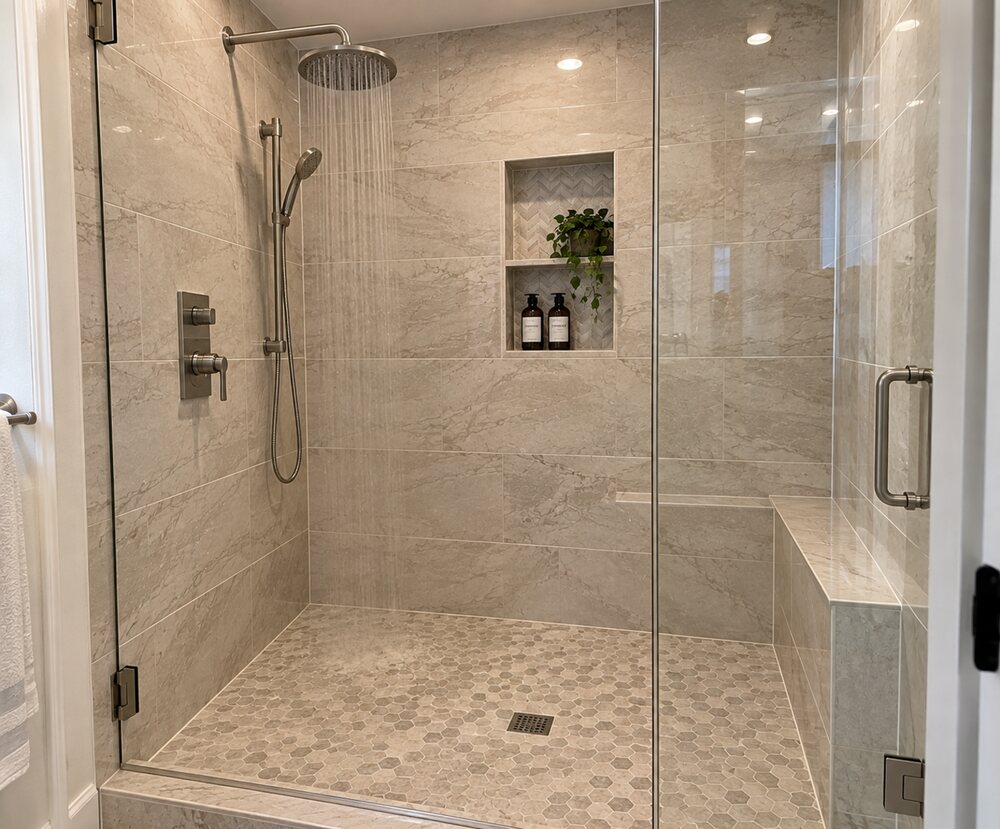 Finished walk-in shower with large-format porcelain tile, a recessed niche and a bench, Sacramento, CA
