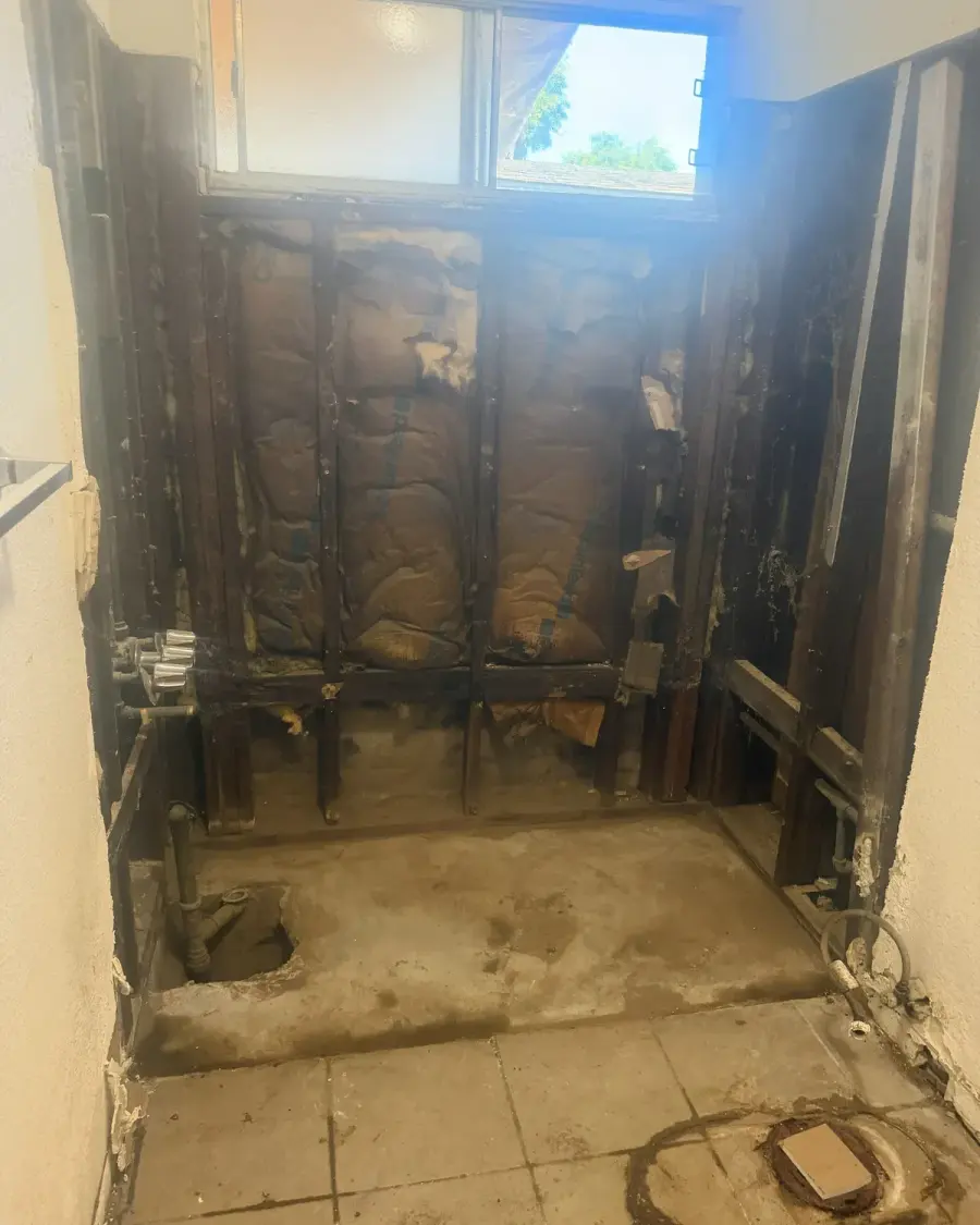 Before: Walk-In Shower Rebuild in Water-damaged bathroom, taken back to the studs